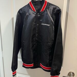 Calvin Klein Black Satin Bomber Jacket with Red & White Trim